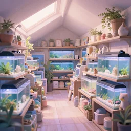 placid pastel morning cozy moody cluttered painterly fluffy tiny cramped aquatic pet store, lots of aquariums, slanted ceiling, tiny space, particulate, trending on pixiv