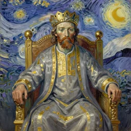 detailed expressionist!! oil painting masterpiece portrait of an ancient emperor on his throne!! by van gogh, 8 k resolution, smooth, sharp focus, matte painting, beautiful masterpiece expressionist painting, greys and golds and purples