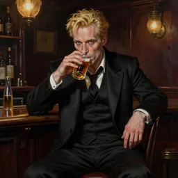 matte painting character illustration of john constantine sitting down on a barstool at a dive bar in london drinking, digital painting, illustration, constantine, john singer sargent, amazing values, 8 k, gothic, realistic face details, symmetrical face details, realistically rendered face, photorealistic eyes, blonde british man, moody lighting