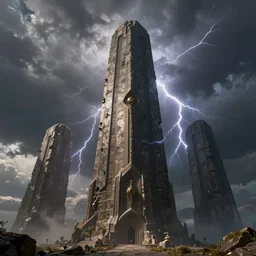 giant medieval monolith concept art, very very very very tall, dramatic lightning, trending on deviantart, movie still, award wining photograph