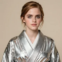 emma watson wearing a futuristic metal kimono, half body portrait, greg kutkowski, sharp details, subsurface scattering, pearls of sweat, glistening skin, warm lighting