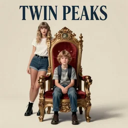 twin peaks movie poster art of evil taylor swift standing next to chair with young boy sitting in throne, highly detailed, smooth, illustration, by artgerm, leyendecker, wlop, katherine lam, michael whelan and tomer hanuka, godward, gustav moreau, saturno butto, boris vallejo