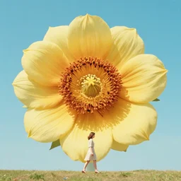 giant flower head, woman walking, surreal photography, cinematic, blue sky, symmetry, detailed, bright, retro, wes anderson