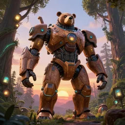 giant wooden bear mecha, solarpunk, organic bioluminescent street lights, forest canopy understory, cinematic lighting, sunset, octane render, 3 d pixar disney digital cgi rtx hdr painting, highly detailed, artstation cgsociety masterpiece, by syd mead, greg rutkowski, wlop, artger