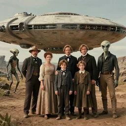 sharp, 35mm still from a sci fi blockbuster color movie made in 2022, set in 1860, of a family standing in front of a spaceship that has just landed on an alien landscape, a humanoid alien creature stands nearby, the family are all wearing 1850s era clothes, 4k, in focus, extremely good quality lighting, good quality photography, A list cast, famous actors, famous actresses, oscar winner