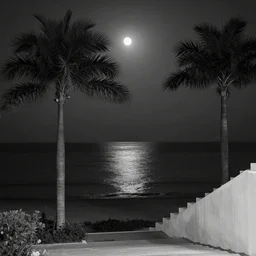 a photo of a sea with a moon, two palm trees in front and a staircase. black and white. at night.