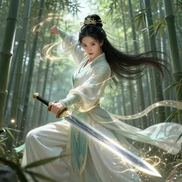 ultrafine illustration by chen uen / ma wing shing / ikegami ryoichi, detailed chinese sword warrior, highly detailed, glowing magic around her, divine proportion, cinematic light, ancient chinese bamboo forest, heroine action pose, artstation, pinterest