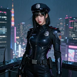 portrait lisa blackpink + black hair of futuristic female police, black armored uniform, at rooftop futuristic colorpunk tokyo rainy night, ssci - fi and fantasy, intricate and very very very beautiful, highly detailed, digital painting, artstation, concept art, smooth and sharp focus, illustration, art by tian zi and wlop and alphonse mucha