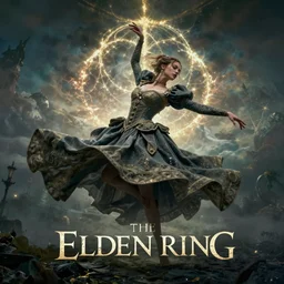 beautiful cinematic fantasy poster, a beautiful fashion model wearing haute couture in dynamic full body dance pose, full body shot, ultrawide angle epic scale, hybrid from The Elden Ring and art direction by Darius Zawadzki ;by artgerm; wayne reynolds art station; cinematic quality character render; low angle; ultra high quality model; production quality cinema model;