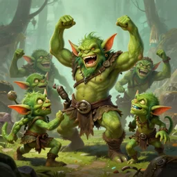a pack of green goblins doing the dance of pain, a fantasy art