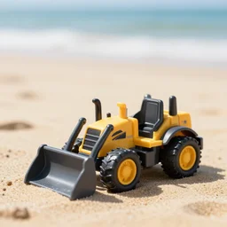 bulldozer toy sunbathing on the beach, depth of field, holiday vibe, photo style, ultra realistic
