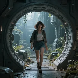 girl stepping into sci fi portal to another world