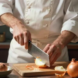 an onion chopping a chef with a large cleaver, digital art