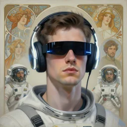 future coder man looking on, sleek cyclops display over eyes and sleek bright headphoneset, neon accent lights, desaturated headshot portrait painting by dean cornwall, rhads, john berkey, joseph christian leyendecker, alex grey, alphonse mucha, donoto giancola, astronaut cyberpunk electric fashion photography