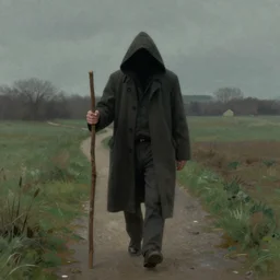 a man walking along a field path a man wearing a long coat covering his head, by darek zabrocki, illustration, a man holding a long stick in his hand, mysterious traveler mysterious past
