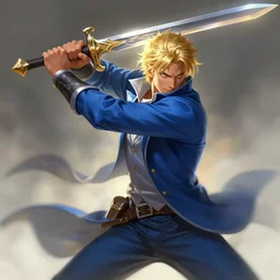 a blonde man in a blue suit swinging a sword, d & d, heartstone, digital painting, volumetric light, intricate, sharp, focus, bloom, illustration, highly detailed, concept art, matte, ruan jia, randy vargas, greg rutkowski