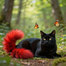 black cat with fluffy red tail like fox tail lying with butterflies at sunny forest, high detailed, hyper realistic, photorealistic, ray tracing, ivan aivazovsky