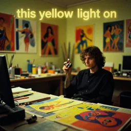 dramatic scene shallow depth of field medium shot uncanny surreal photograph of a colorful intimate art studio in 1 9 9 5 titled'this yellow light on ', photographed by william eggleston and ken price and man ray, grainy shocking detail trending on artstation 8 k