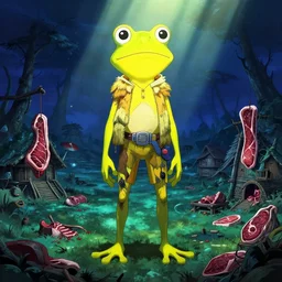 akihito tsukushi night time god rays luminous narhate mitty high resolution 4 k made in abyss design bizarre nausicaa clothing swamp village design body a field of cool colors shading a yellow pepe the frog with a large nose, paradise, meat butchery, pogrom, war, desolation desolation, art in the style of and oleg vdovenko and akih