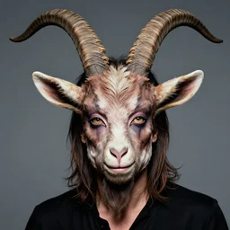 actor Mick Jagger with Goat Ears in Elaborate Pan Satyr Goat Man Makeup and prosthetics designed by Rick Baker, Hyperreal, Head Shots Photographed in the Style of Annie Leibovitz, Studio Lighting