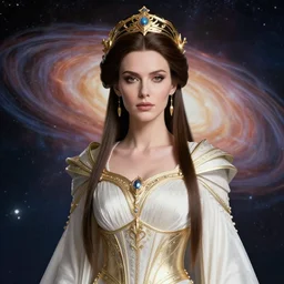 portrait of the powerful empress of the solar system in the style of anna dittmann and in the style of johfra bosschart. glowing, ornate and intricate linework, stunning, dynamic lighting, ultrafine and hyperdetailed.