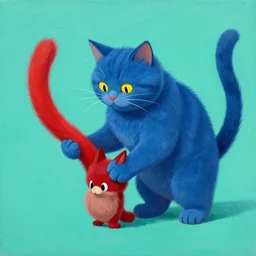 a big blue cat caught a red sable. turqoise background. painting by eddie mendoza, greg rutkowski, james gurney