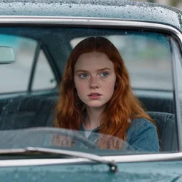 A very high resolution image from a new movie, inside of a car, teen red hair woman, raining, hot, directed by wes anderson