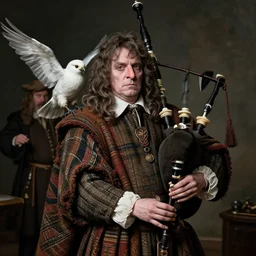 a realistic 1 7 th century portrait of harry, a man with scottish features and exceptionally large bagpipes wearing quilts and wielding a wand. very pale, with a large pointy nose. hagrid in the background and hedwig on his shoulder