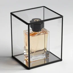 glass box contains perfume, concept art, realistic, octane render, up close shot