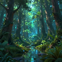 luminescent forest biome that looks like a movie shot by pixar, ultra detailed, fantasy, hyper realism, art, smooth, beautiful art, masterpiece, landscape, cinematic, wet reflections, ray tracing x, rtx, smooth