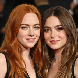 high quality headshot photograph of a model that looks like emma stone and like milla kunis.