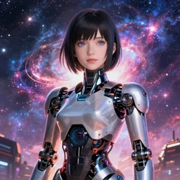 makoto shinkai. robotic android girl. futuristic cyberpunk. dystopia. vibrant nebula sky............................................................................. robotics.