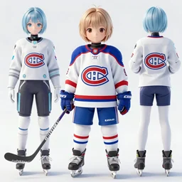 cute anime girl ice hockey player, wearing a light futuristic habs jersey, blue white and red color blocking, character concept exploration, akira, ghost in the shell, outfit designs, trending on artstation, photorealistic, 8k