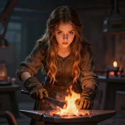 idealistic portrait of a young girl working in a blacksmith's forge, clear eyes, fair skin, beautiful hair, gloves, fantasy art, fire, 8 k digital art, cry engine, far away, in the style of greg simkins and h. r. giger,