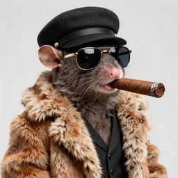 anthropomorphic gangster rat with a large cigar in its mouth, wearing a fur coat, wearing sunglasses and a cap, long fur, anthropomorphic rat, detailed, 3d render, 4k, pixar