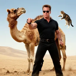 arnold schwarzenegger in terminator 2, punching a camel and juggling cats, looks photorealistic, hyper-detailed portrait