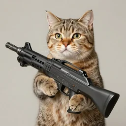 cat holding a giant minigun