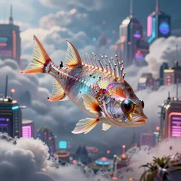 hyperrealistic very intricate sloane’s viperfish swimming through puffy clouds above dystopian neon city digital painting concept art salvador dali alex grey cinematic soft glow lighting high angle hd 8k sharp shallow depth of field