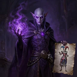 a oil art portrait of tiefling mage with purple magic in style of disco elysium character, bard jester character sheet from critical role, 4 k, ultra detail, volumetric lighting, unreal engine, octane render, grimdark