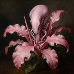 still life of pink xenomorph tropical flowers religious painting by hieronymus bosch, baroque portrait painting, detailed octane render trending on artstation artgerm, 8 k artistic photography, volumetric cinematic perfect light, chiaroscuro, masterpiece, raphael, caravaggio, beksinski, rutkowski, giger
