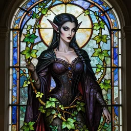 a stunning stained glass window of a beautiful poison ivy as a evil dark elf queen with hair tied in a braid, dark eyeliner, intricate, elegant, highly detailed, digital painting, artstation, concept art, sharp focus, illustration, art by greg rutkowski and alphonse mucha