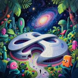 an extremely high quality hd surrealism painting of a 3d galactic neon complimentary-colored cartoon surrealism melting optically illusiony high-contrast zaha hadid futuristic jungle face by kandsky and salvia dali the second, salvador dali's much much much much more talented painter cousin, clear shapes, 8k, realistic shading, ultra realistic, super realistic