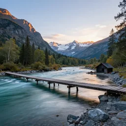 DSLR still of a beautiful mountainside river with a pier and a burnt log cabin at sunrise, 4k