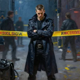 cyberpunk trenchcoat detective investigating a crime scene, oil painting