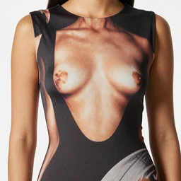close up  of a female body printed on a dress, fashion photography,  vogue magazine, highly detailed