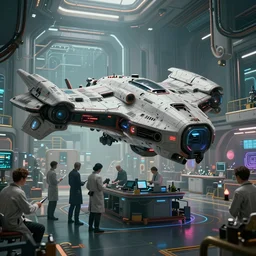 ( cyberpunk 2 0 7 7, bladerunner 2 0 4 9 ) amazing clear background, scientists creating an artificial alien highly detailed futuristic biomechanical thick smooth quad wing combat spaceship a lab, 8 k, photo, octane render, photorealistic, art by john collier and albert aublet and krenz cushart and artem demura and alphonse mucha,