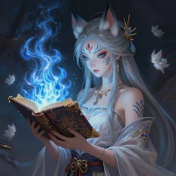 gorgeous!!! hyper - realstic kitsune sorceress, holding a tattered magical book, casting a flame spell, blue flames, surrounded by tiny spirits, tribal face markings | drawn by wlop, drawn by jeehyung lee, drawn by artgerm | fantasy, dark, intricate, highly detailed, digital painting, character design, concept art, illustration, artstation