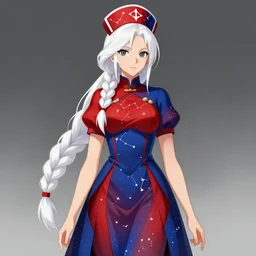 dr. eirin yagokoro is tall female lunarian sage in her late thirties with dark grey eyes and long white hair in large single braid. she wears red and blue two - tone dress decorated with constellations and matching nurse cap, 4 k digital art by ross tran, riabovitchev, simonetti, yoshitaka amano, vallejo