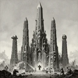 b & w inks of 6 character, tiered flayed god machines, cluster obelisk tiered heirarchy, battle chaos, mainframe hydrocracking battles, medical chromed, dystopian, by wayne d barlowe, h r giger, simon bisley, liam sharpe, boris vallejo, enric torres, hyper realism, narrative light, muted colors, epic, hyper detailed,