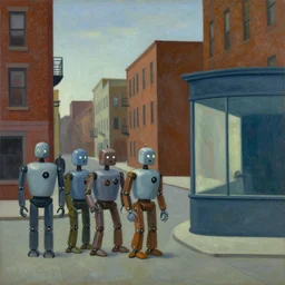 stark brutalist town, street elevation, robots queueing up, grant wood, pj crook, edward hopper, oil on canvas